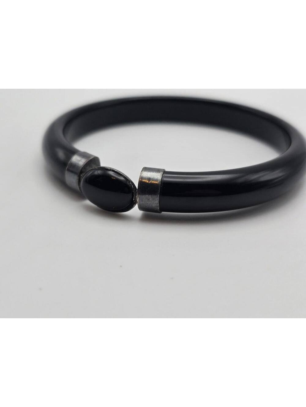 Vintage Black Stone Bangle Bracelet – Sterling Silver Clasp